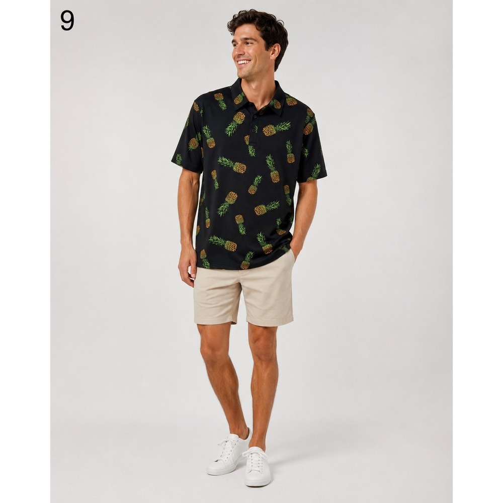 Birdie Bound‎ Pineapple Print Golf Polo Shirt Black Yellow Green Mens Medium